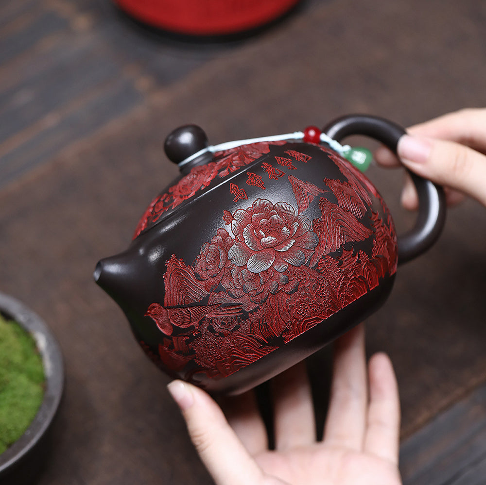 Peony Teapot Xi Shi Stone Yellow Clay Magpie Carved 500ml