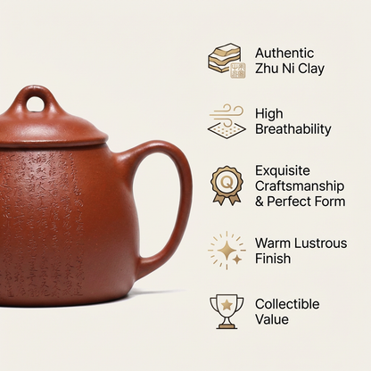 Yixing Teapot Zhu Ni Red Clay Calligraphy Carved 100ml