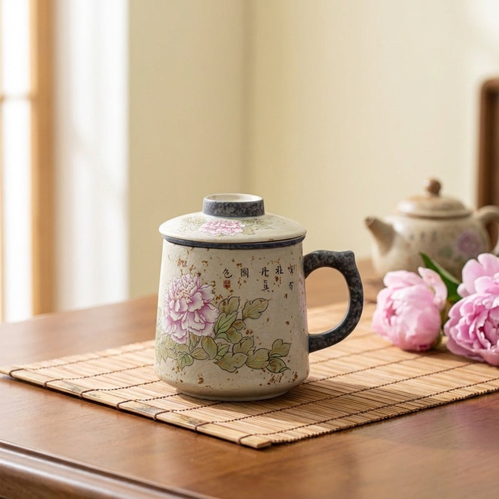 Tea Cup with Infuser Ceramic Flint Red Peony 430ml Lid