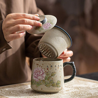 Tea Cup with Infuser Ceramic Flint Red Peony 430ml Lid