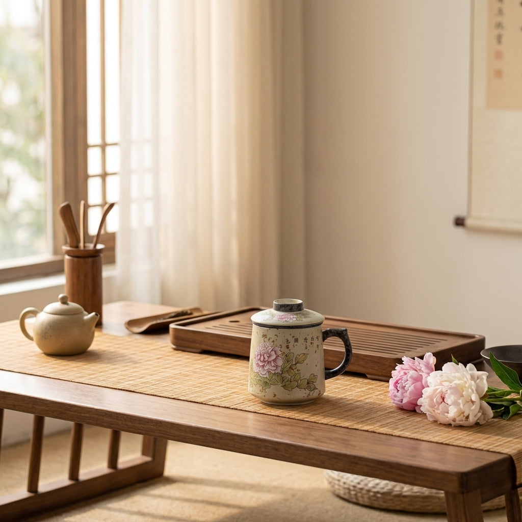 Tea Cup with Infuser Ceramic Flint Red Peony 430ml Lid