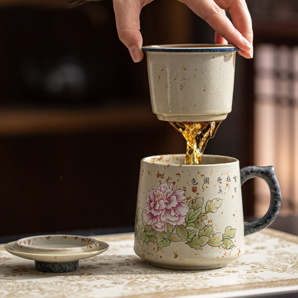 Tea Cup with Infuser Ceramic Flint Red Peony 430ml Lid