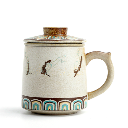 Ceramic Tea Cup with Infuser – Dunhuang Flying Apsaras Mug with Lid & Wood Base