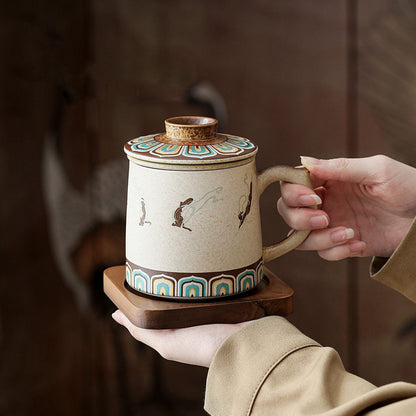 Ceramic Tea Cup with Infuser – Dunhuang Flying Apsaras Mug with Lid & Wood Base