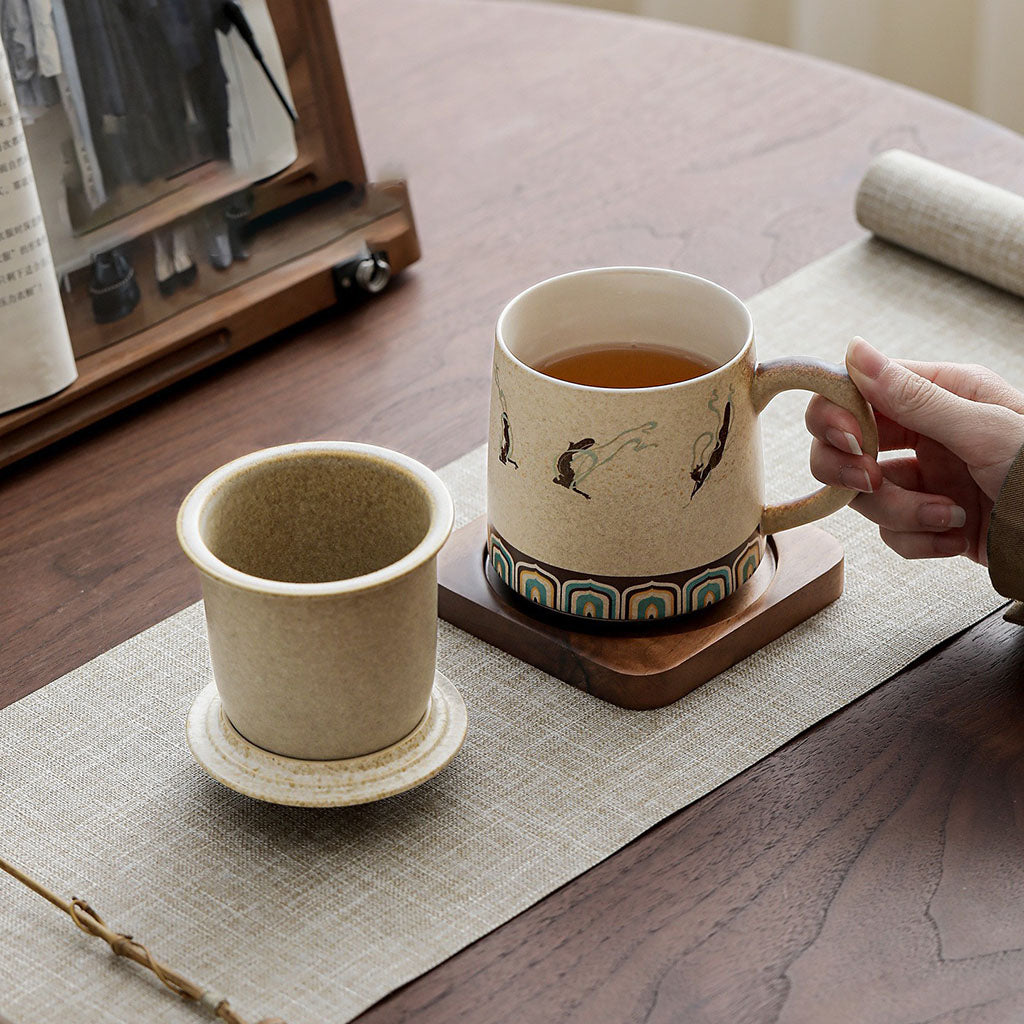 Ceramic Tea Cup with Infuser – Dunhuang Flying Apsaras Mug with Lid & Wood Base