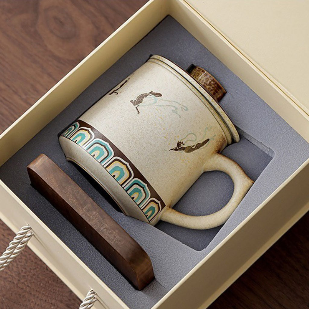 Ceramic Tea Cup with Infuser – Dunhuang Flying Apsaras Mug with Lid & Wood Base