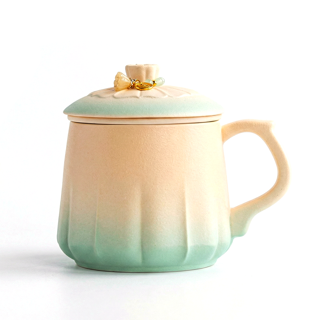 Ceramic Tea Cup with Infuser & Lid | Green Gradient Glaze