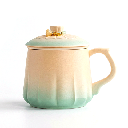 Ceramic Tea Cup with Infuser & Lid | Green Gradient Glaze