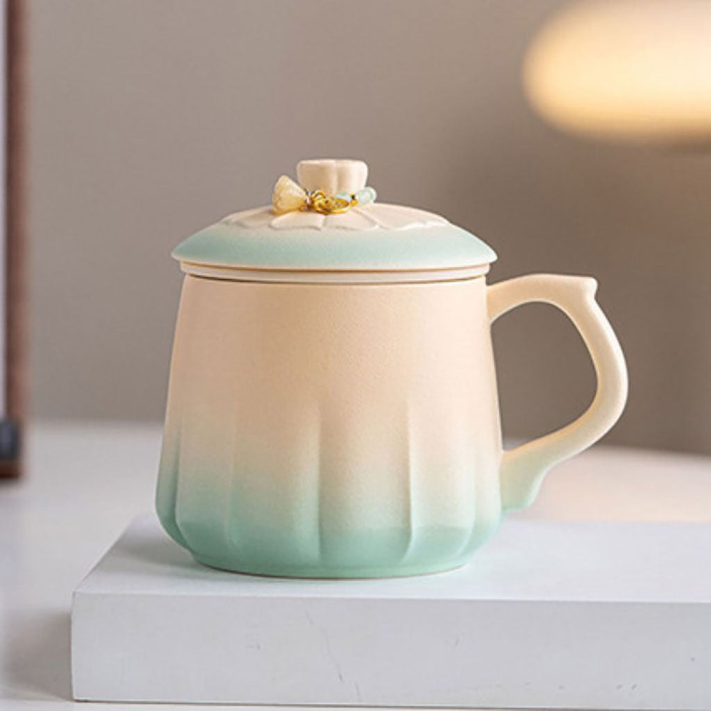 Ceramic Tea Cup with Infuser & Lid | Green Gradient Glaze