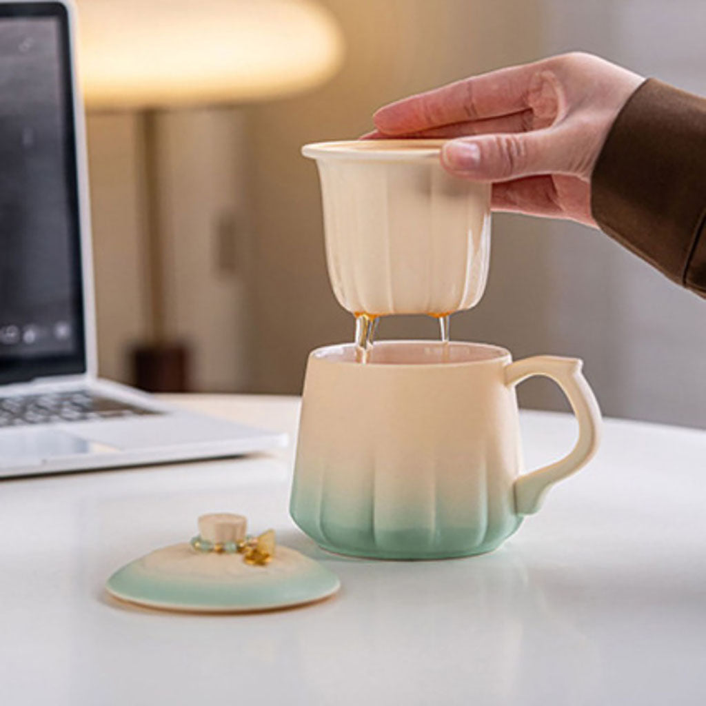 Ceramic Tea Cup with Infuser & Lid | Green Gradient Glaze
