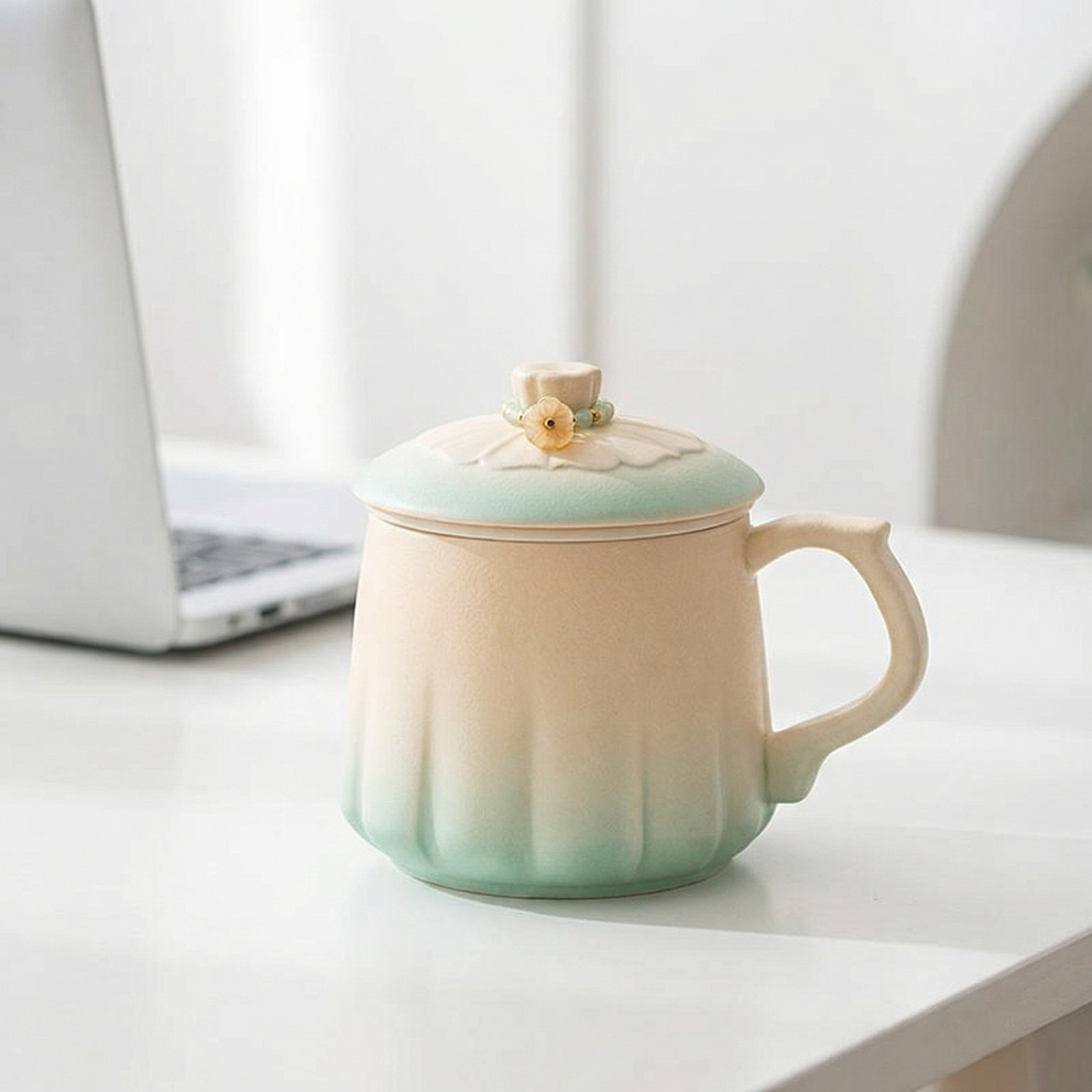 Ceramic Tea Cup with Infuser & Lid | Green Gradient Glaze