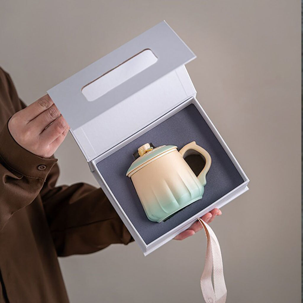 Ceramic Tea Cup with Infuser & Lid | Green Gradient Glaze