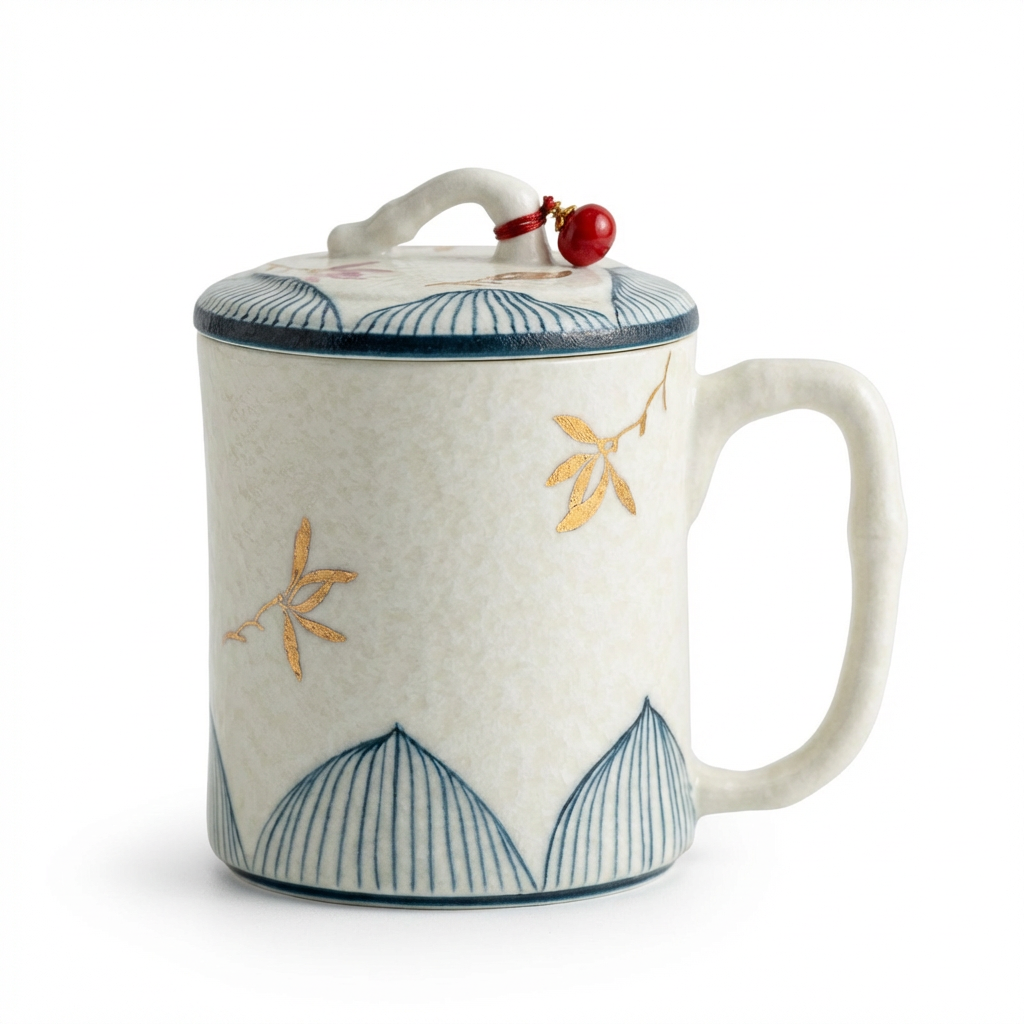 Ceramic Tea Cup Bamboo White Glaze Orchid Gold Mountain 190ml