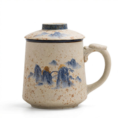 Tea Cup with Infuser Ceramic Landscape Blue White 400ml