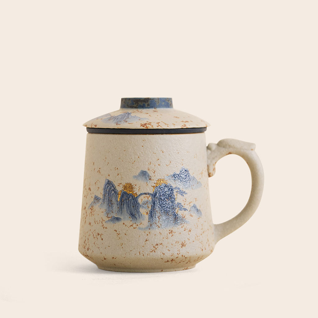 Tea Cup with Infuser Ceramic Landscape Blue White 400ml
