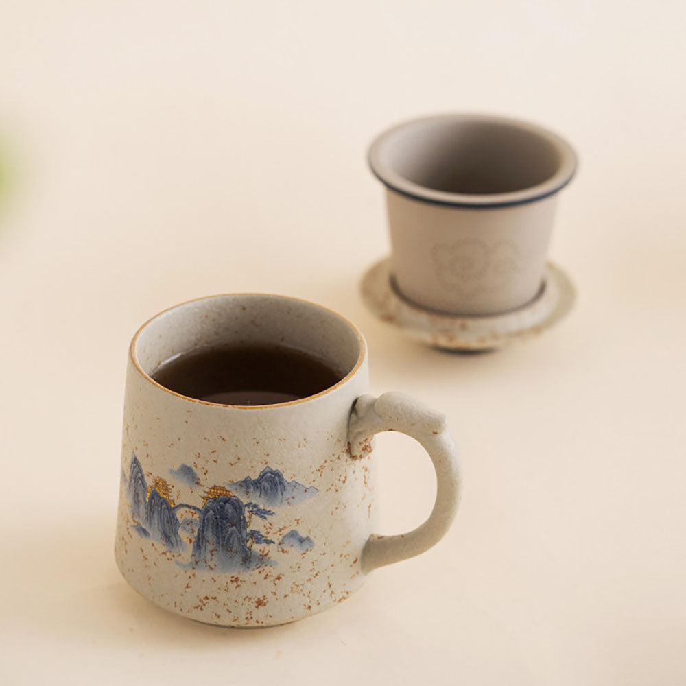 Tea Cup with Infuser Ceramic Landscape Blue White 400ml