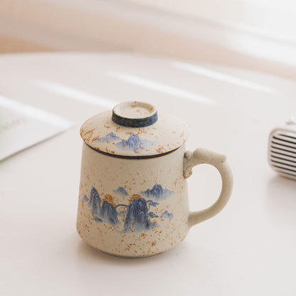 Tea Cup with Infuser Ceramic Landscape Blue White 400ml