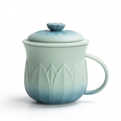 Lotus Tea Cup with Infuser & Lid | Gradient Blue Ceramic