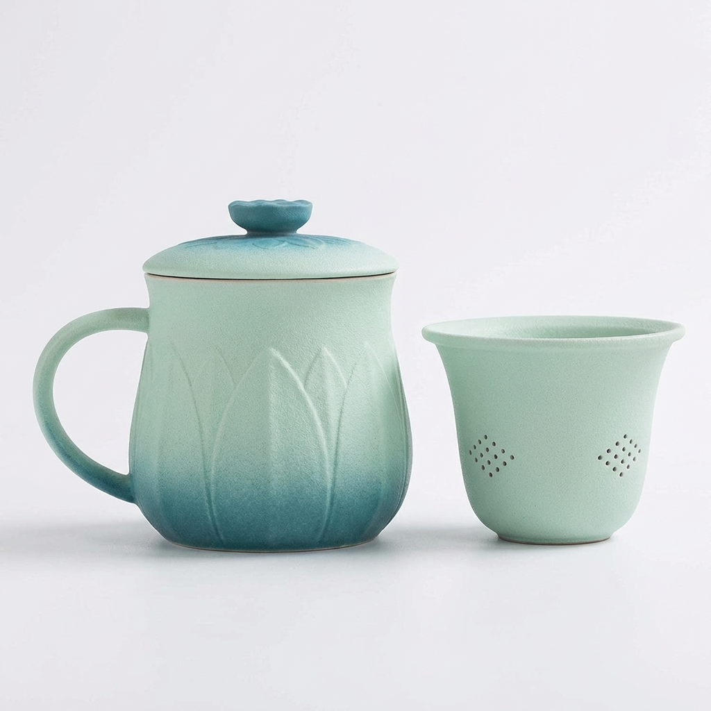 Lotus Tea Cup with Infuser & Lid | Gradient Blue Ceramic