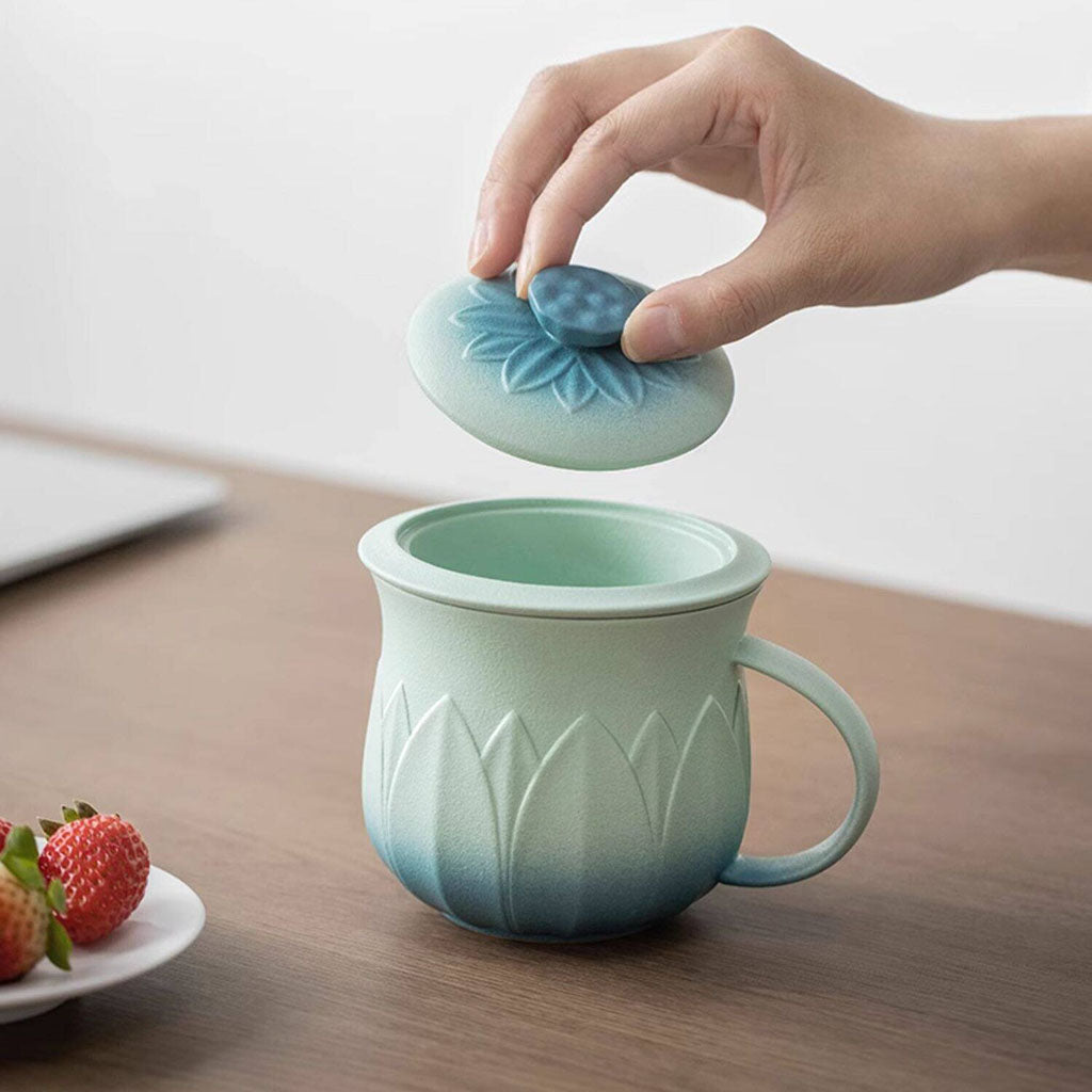 Lotus Tea Cup with Infuser & Lid | Gradient Blue Ceramic