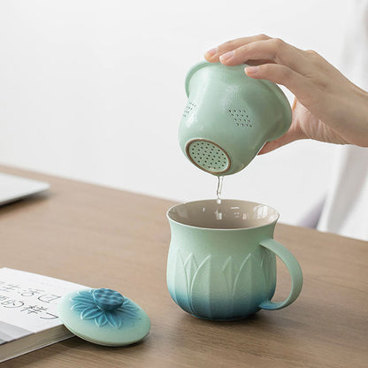 Lotus Tea Cup with Infuser & Lid | Gradient Blue Ceramic