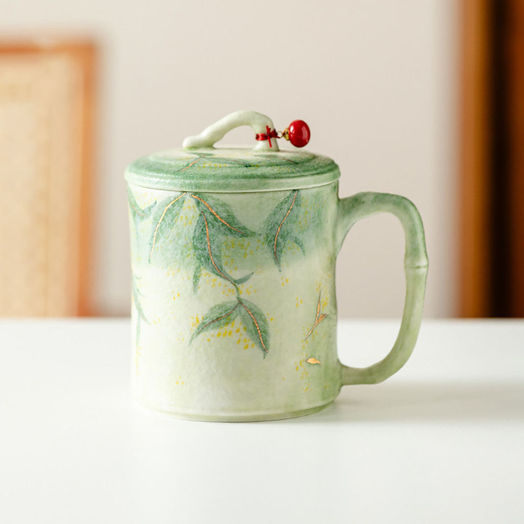 Ceramic Tea Cup Bamboo Green Glaze Osmanthus Gold 190ml
