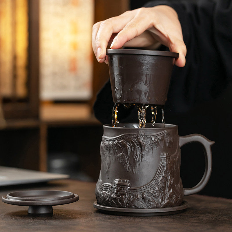 Purple Clay Tea Cup Great Wall Relief Infuser 420ml