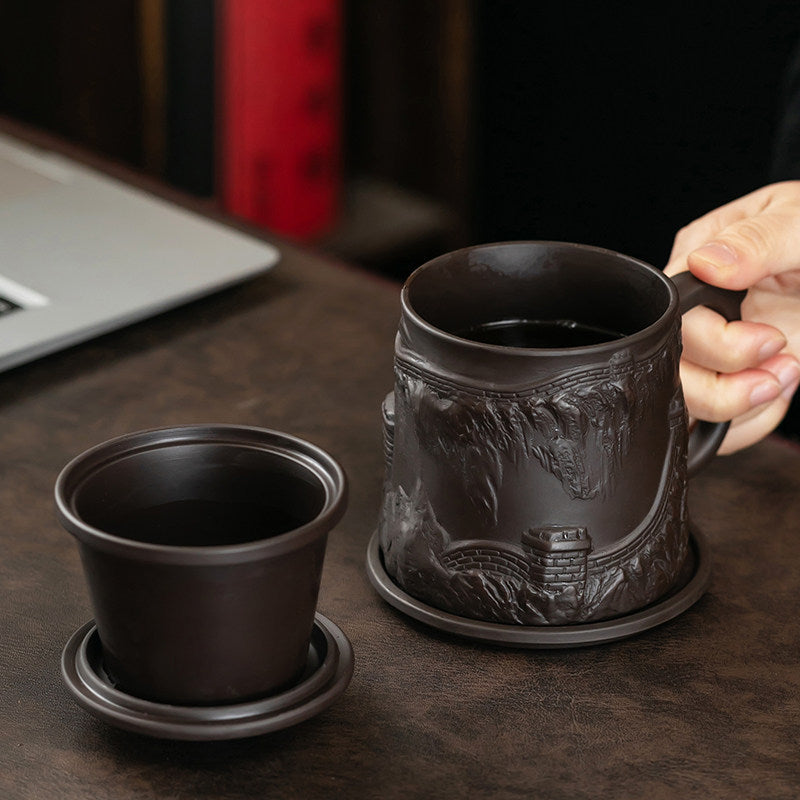 Purple Clay Tea Cup Great Wall Relief Infuser 420ml