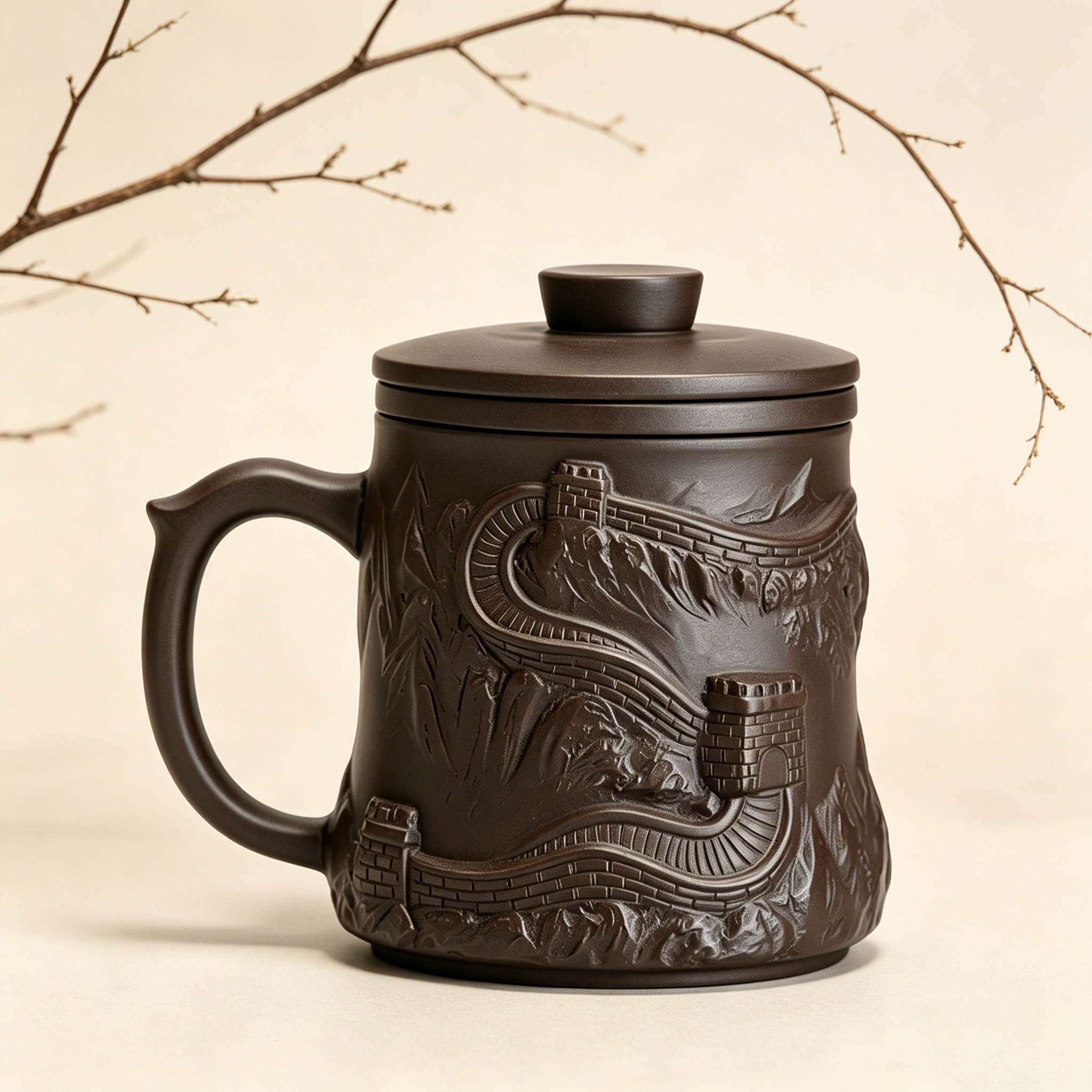 Purple Clay Tea Cup Great Wall Relief Infuser 420ml