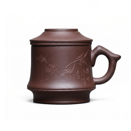 Yixing Purple Clay Tea Cup With Lid Infuser Bamboo Carving