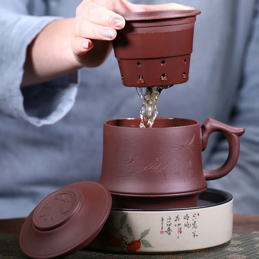 Yixing Purple Clay Tea Cup With Lid Infuser Bamboo Carving