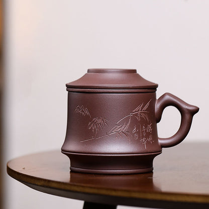 Yixing Purple Clay Tea Cup With Lid Infuser Bamboo Carving