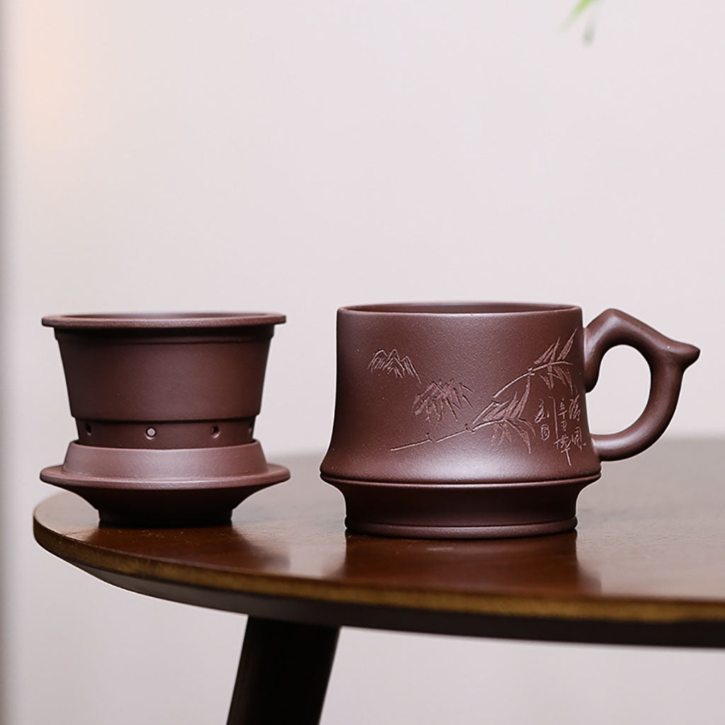 Yixing Purple Clay Tea Cup With Lid Infuser Bamboo Carving