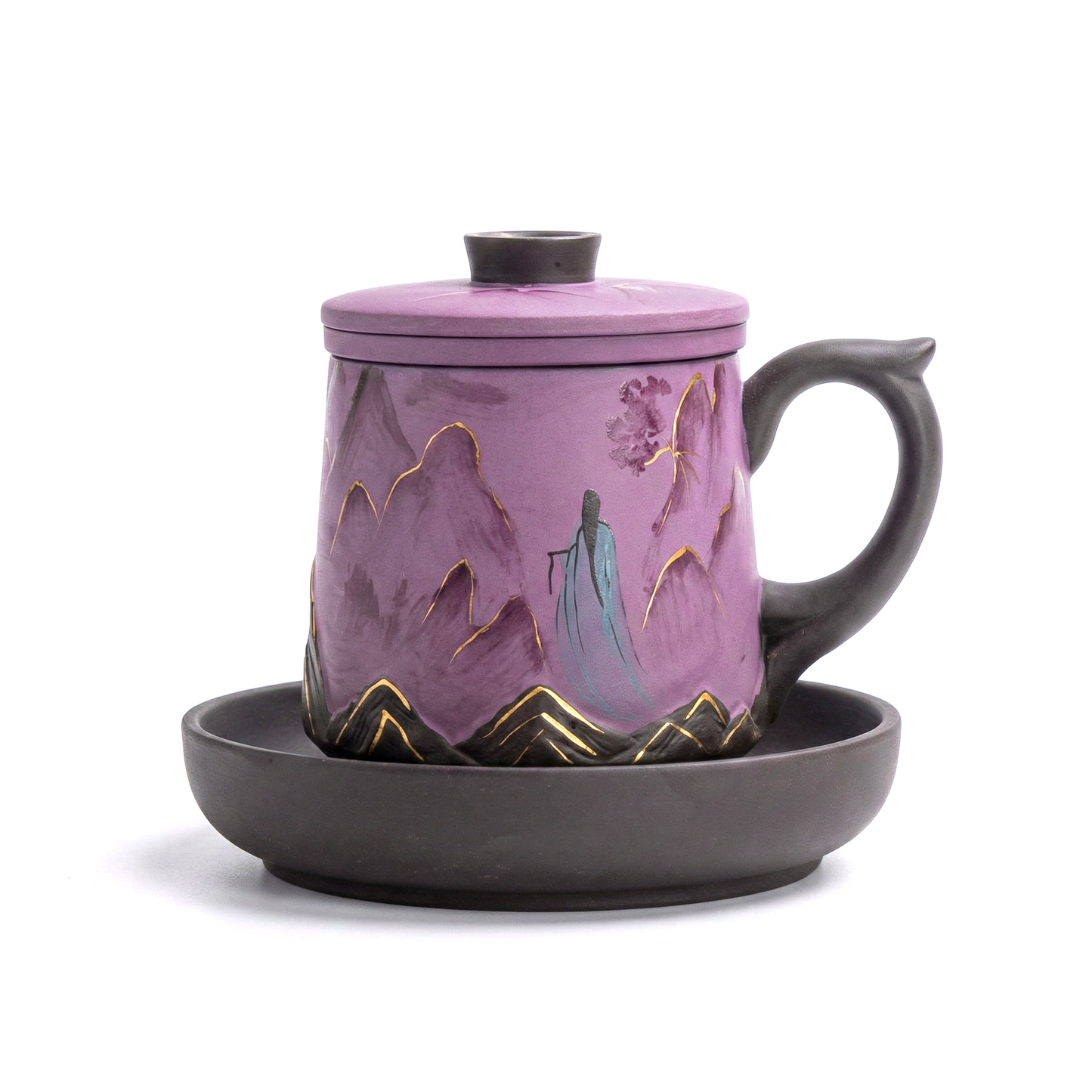 Tea Cup Set Yixing Purple Clay Landscape Gold Accent 3-Piece
