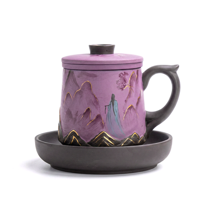 Tea Cup Set Yixing Purple Clay Landscape Gold Accent 3-Piece