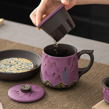 Tea Cup Set Yixing Purple Clay Landscape Gold Accent 3-Piece