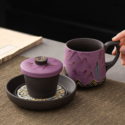 Tea Cup Set Yixing Purple Clay Landscape Gold Accent 3-Piece
