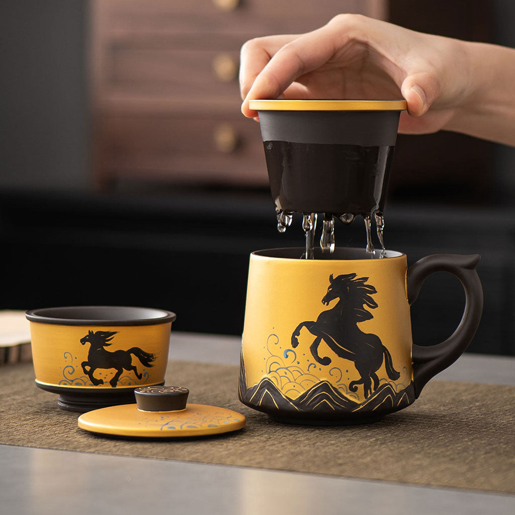 Purple Clay Tea Cup Set Galloping Horses – 400ml Infuser & Host Cup