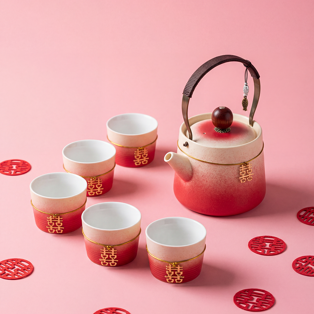 Chinese Wedding Tea Set with Double Happiness Teapot & 6 Cups
