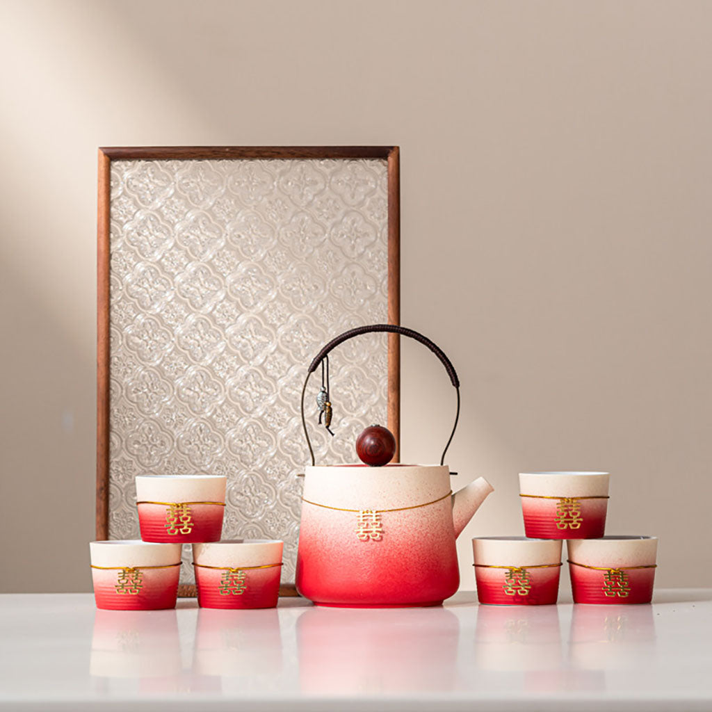 Chinese Wedding Tea Set with Double Happiness Teapot & 6 Cups