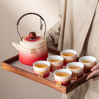 Chinese Wedding Tea Set with Double Happiness Teapot & 6 Cups