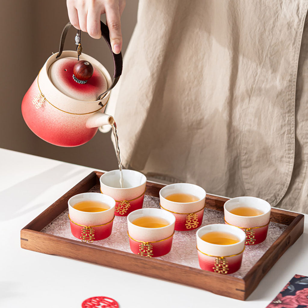 Chinese Wedding Tea Set with Double Happiness Teapot & 6 Cups