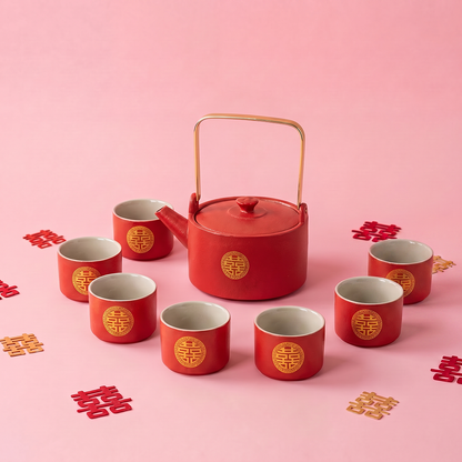 Wedding Tea Set Double Happiness Ceramic 1 Pot 8 Cups Tray