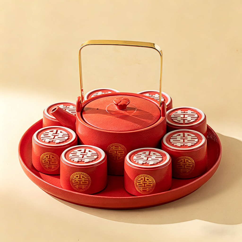 Wedding Tea Set Double Happiness Ceramic 1 Pot 8 Cups Tray