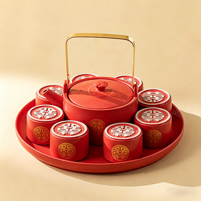 Wedding Tea Set Double Happiness Ceramic 1 Pot 8 Cups Tray
