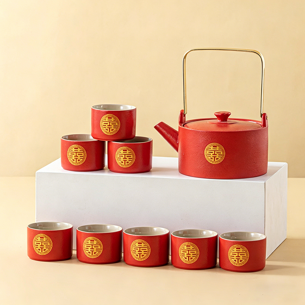 Wedding Tea Set Double Happiness Ceramic 1 Pot 8 Cups Tray