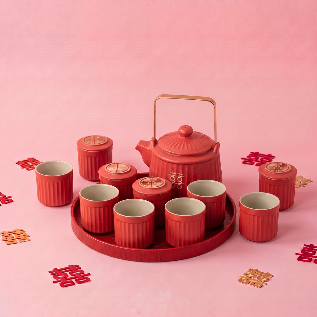 Chinese Wedding Tea Set Double Happiness Red | 12-Piece
