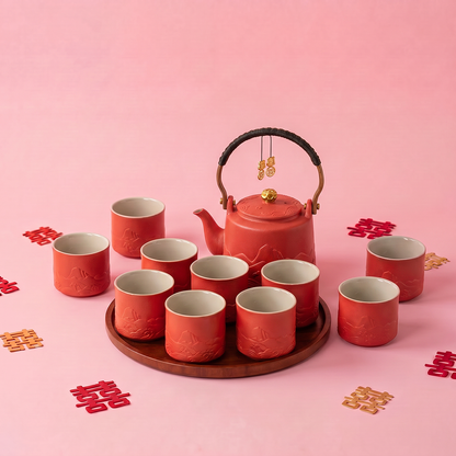 Wedding Tea Set Red Ceramic – Mountain Relief 10 Cups & Tray