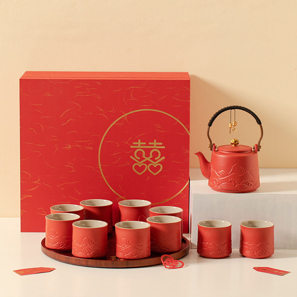 Wedding Tea Set Red Ceramic – Mountain Relief 10 Cups & Tray