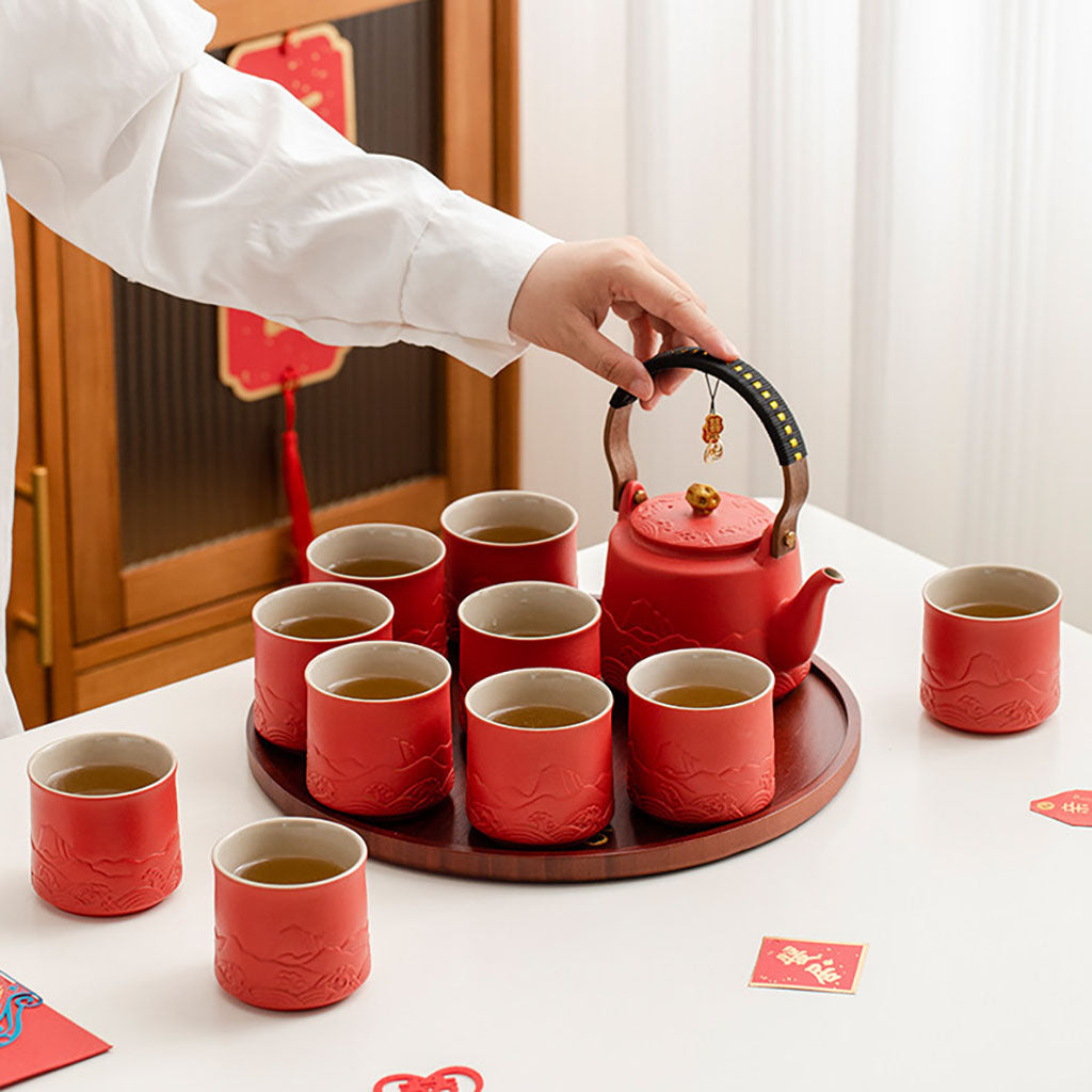 Wedding Tea Set Red Ceramic – Mountain Relief 10 Cups & Tray